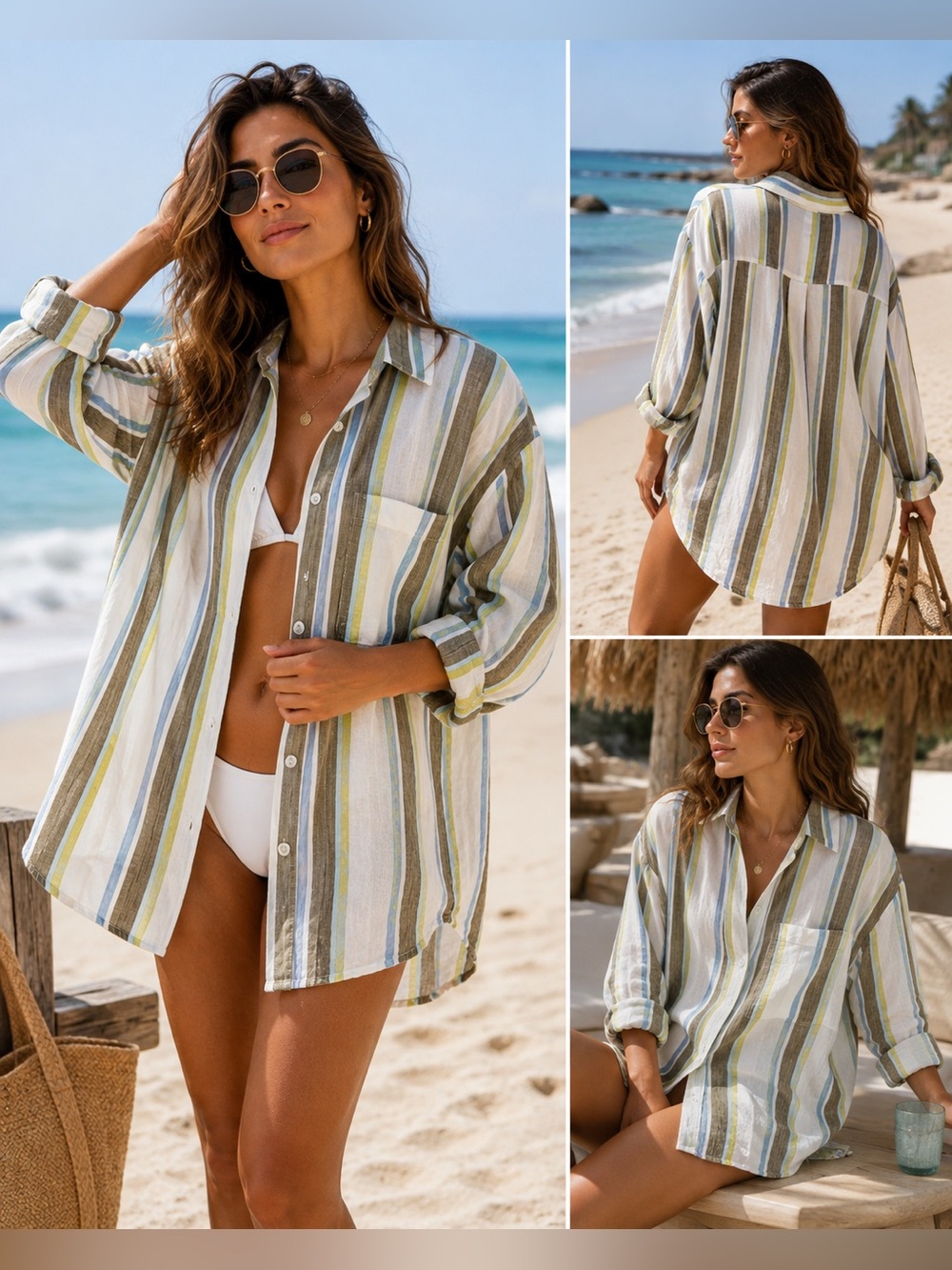 Left On Friday 100% Linen Striped Beach Cover-Up Shirt XL Coastal Resort